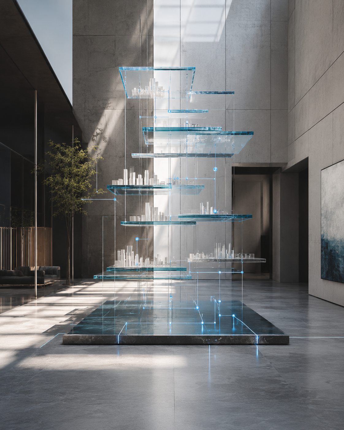 Blue technology architecture representing access, structure, and execution